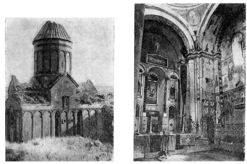 Ани. Церковь Григория рода Тиграна Оненца, 1215 г. Общий вид с северо-востока и интерьер (слева — алтарь XIX в.)