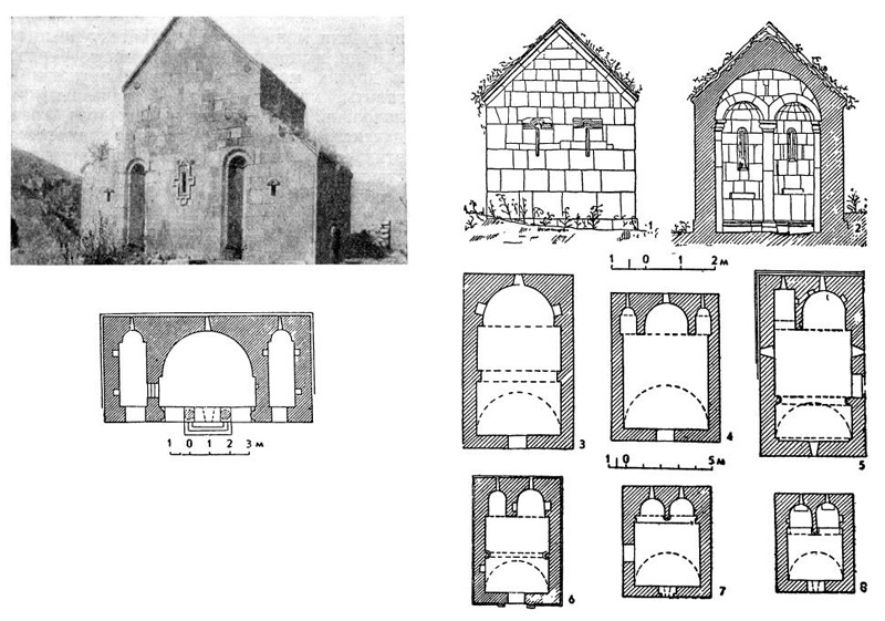 89. Алаяз. «Войсковая» церковь, 1303 г. Общий вид с северо-востока и план / 90. Двухапсидные церкви