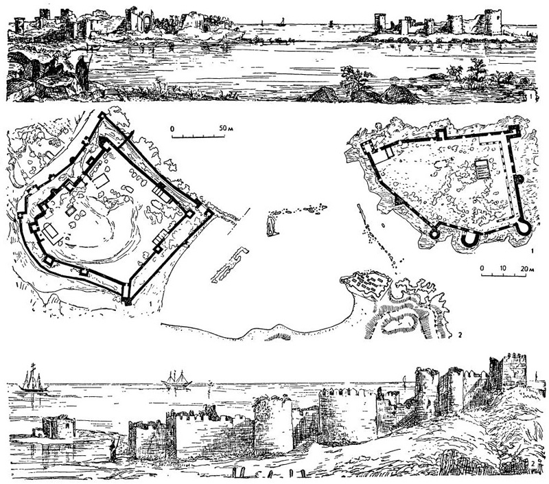 Порты: 1 — Корикос (общий вид порта, планы береговой и морской крепостей); 2 — Айас (схема генерального плана и общий вид порта)