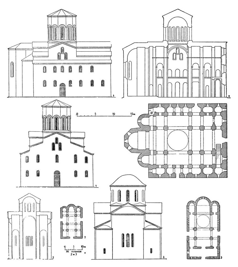 Церкви X в. 1 — Мокан. Церковь, около 957 г. (фасады, продольный разрез и план); 2 — Пицунда. Церковь (поперечный разрез и план); 3 — Лыхне. Церковь (восточный фасад и план)