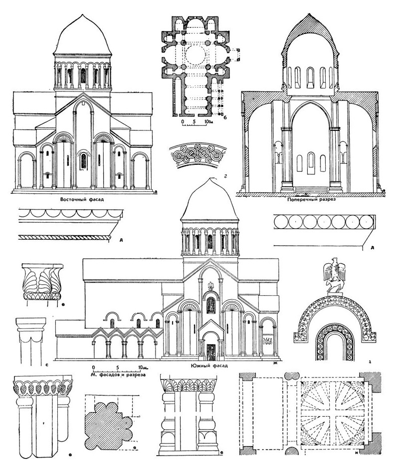 Ошки. Церковь, начата около 960 г.: а, ж — фасады; б — план; в — разрез; г — орнаментальный мотив; д — карнизы; е — колонны южного портика; э — орнаментация центрального окна на южном фасаде; и — свод портика