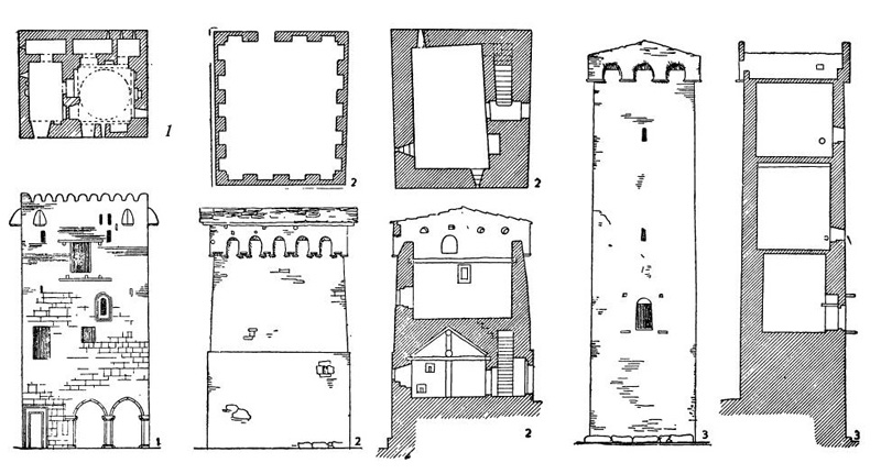 Жилые башни. 1 — Квемо-Чала. Жилая башня феодального рода (план основного этажа и фасад); 2 — Сванетия. Двухэтажная башня (планы, фасад, разрез); 3 — Сванетия. Многоэтажная башня (фасад и разрез)