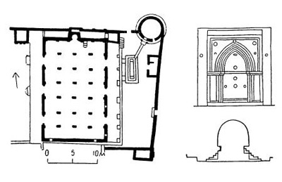Геди. Кения. Большая мечеть. План (в правом верхнем углу — колодец); михраб