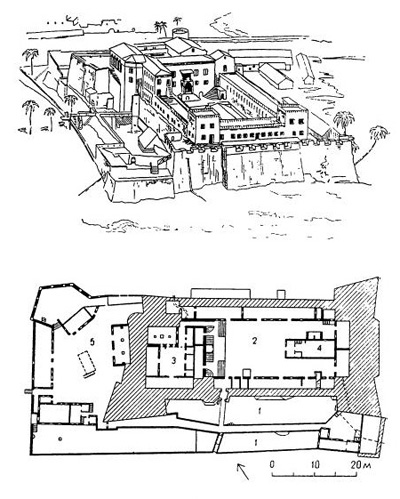 Замок Эльмина. Гана, 1483 г. Вид с моря. План