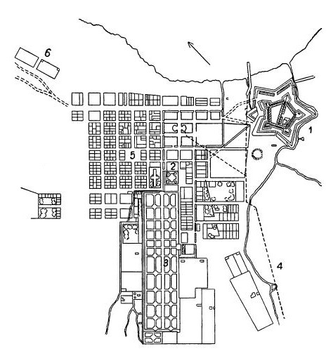 Кейптаун. План, XVIII в.: 1 — замок; 2 — церковь; 3 — сады; 4 — водопровод; 5 — колодец; 6 — кладбище