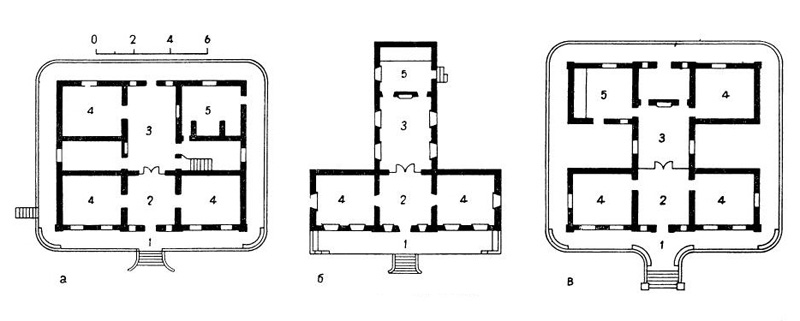Планы сельских домов: а — Фрейденхоф; б — Саксенберг; в — Недербург; 1 — терраса; 2 — передняя; 3 — общая комната; 4 — спальня; 5 — кухня