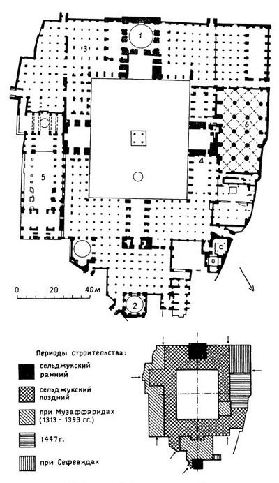 Исфахан. Соборная мечеть. План: 1 — главный купол; 2 — Гомбеде-Хаки; 3 — галереи; 4 — михраб Олджейту Ходабенде (1310 г.); 5 — медресе; 6 — зимний зал