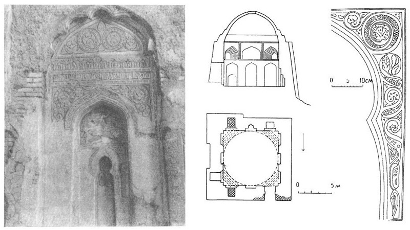 Дахистан (позже Мешхед-и-Мисриан, Туркменистан). Мечеть Шир-Кабир, IX—X в. Михраб, разрез мечети, план, орнамент михраба