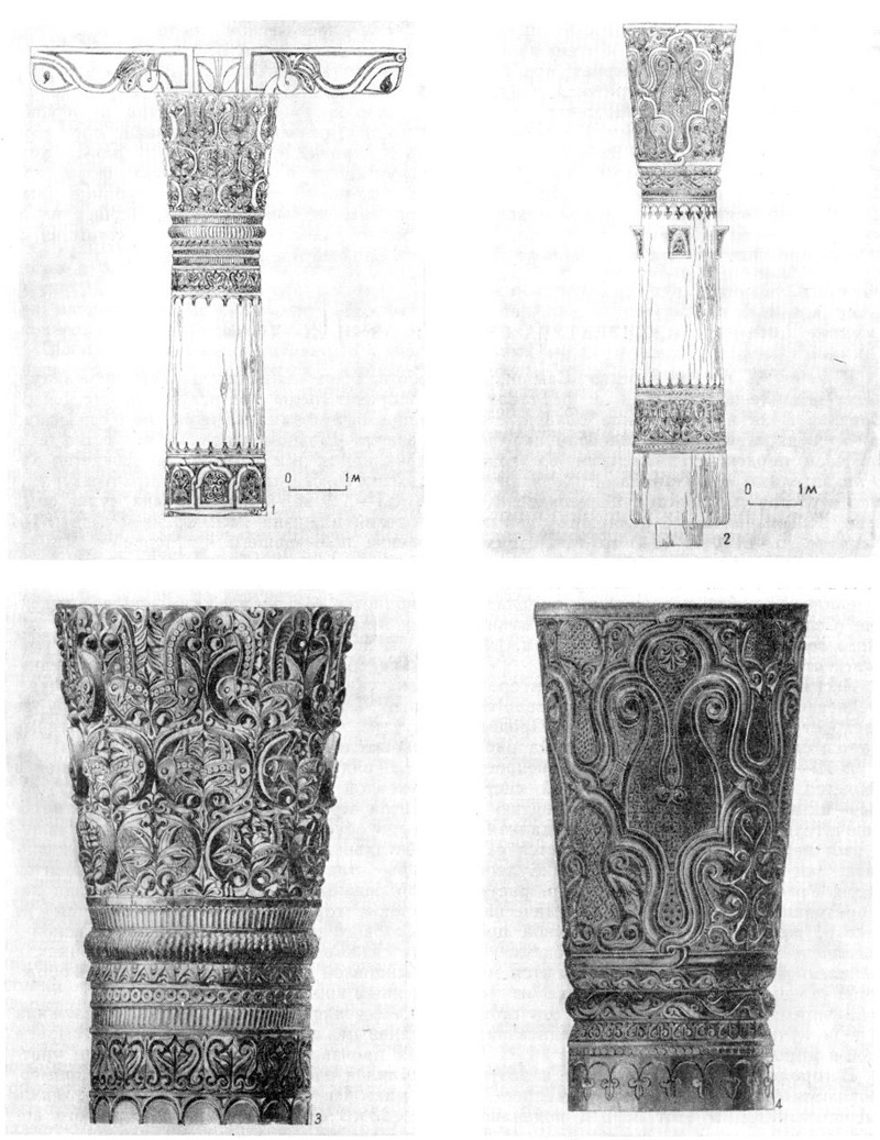 Резные деревянные колонны, IX—X в.: 1 — в Оббурдоне; 2 — в Куруте. Капители колонн: 3 — в Оббурдоне; 4 — в Куруте