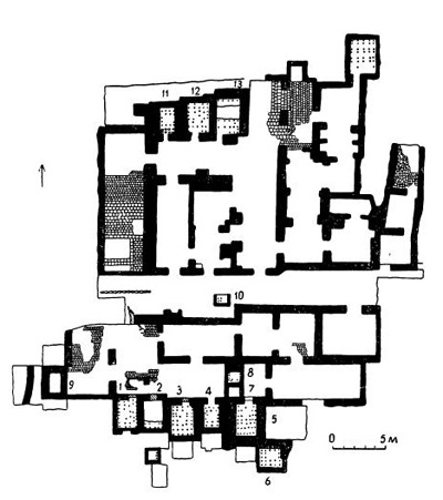 Мастерские керамистов в Мерве, XI—XII вв. План: 1—13 — печи
