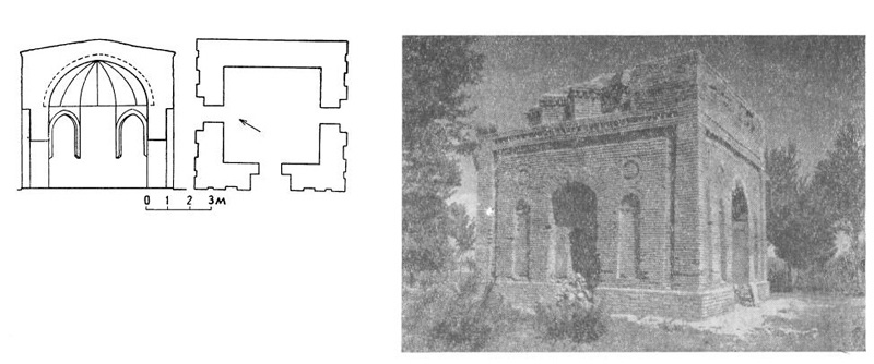 Мавзолей Бабаджи-Хатун, XI в. близ г. Джамбул (Казахстан). Разрез, план, общий вид