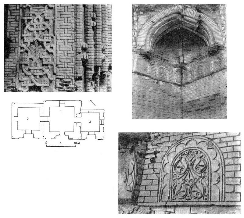 Узген. «Средний мавзолей», XI в. Фрагмент резного ганча в интерьере, парус, фрагмент фасада, план комплекса мавзолеев: 1 — среднего; 2 — северного; 3 — южного