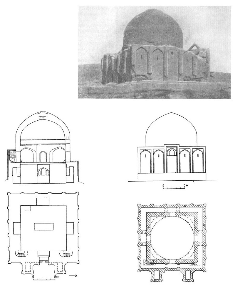 Серахс (Туркменистан). Мавзолей Абуль-Фазля, XI в. Общий вид. План на уровне галереи, разрез, реконструкция южного фасада, план на уровне пола