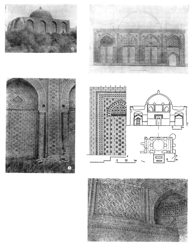 Мечеть. Талхатан-баба (Туркменистан): 1 — западный фасад, общий вид; 2 — реконструкция западного фасада; 3 — фрагмент; 4 — ниша михраба; 5 — разрез; 6 — план; 7 — ярус восьмигранника