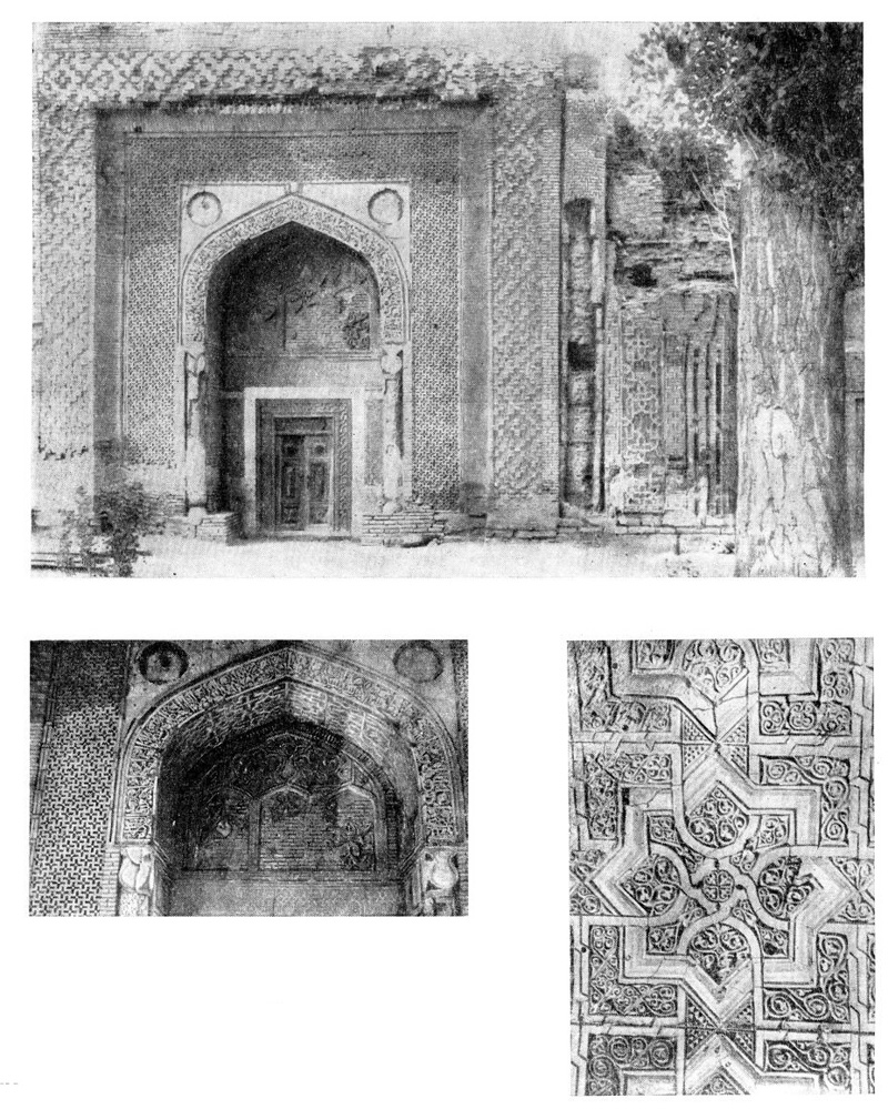 Узген. Северный мавзолей, 1152—1153 гг. Фрагмент портала, резьба по ганчу, общий вид