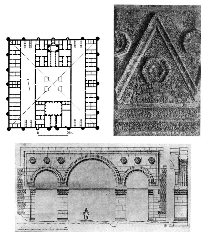 Мшатта, VIII в. План ансамбля и фасад зала в реконструкции Кресвелла, резной каменный пилон