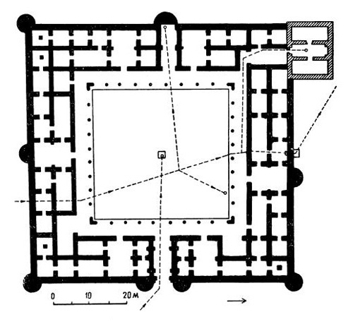 Каср ал-Хайр ал-Гарби, VIII в. План (пунктиром отмечены линии водопровода)