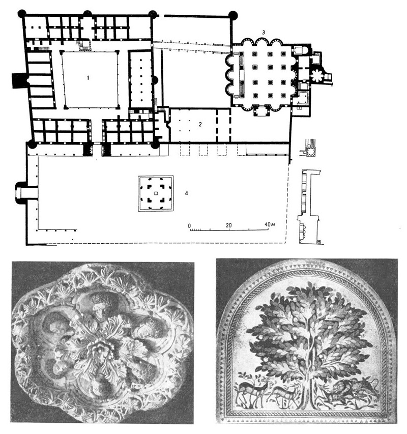 Хирбат ал-Мафджар, VIII в. План: 1 — замок; 2 — мечеть; 3 — баня; 4 — павильон с бассейном. Детали: стуковый купол в бане, напольные мозаики