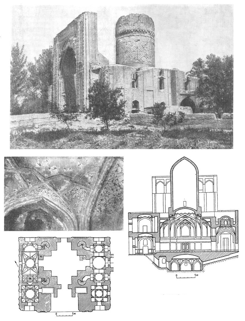 Самарканд. Мавзолей Ишратхана, 1464 г. Общий вид до разрушения купола, росписи галереи, разрез, план