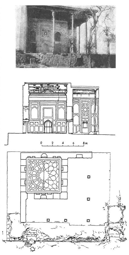 Бухара. Мечеть Балянд, XVI в. Общий вид, разрез, план