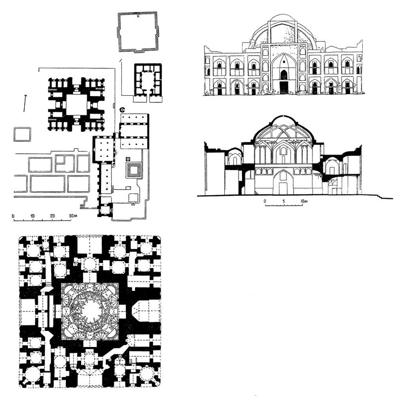 Бехауддин близ Бухары. Ханака, XVI в.: план ансамбля, план ханаки, фасад, разрез