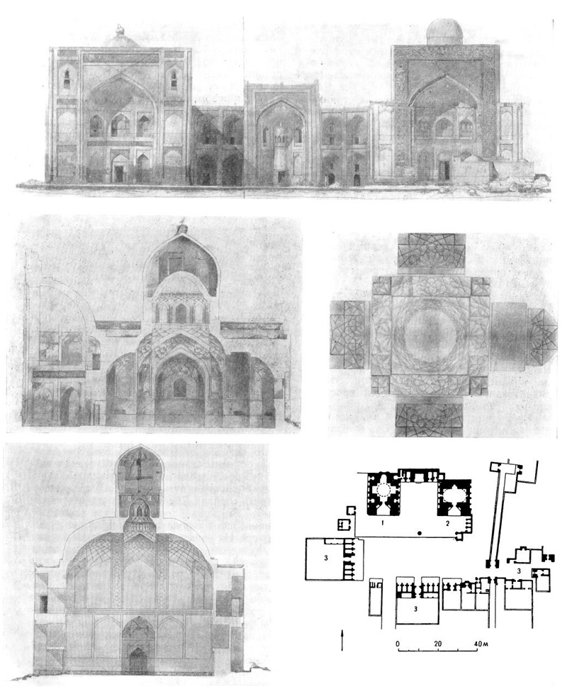 Некрополь Чор-Бакр близ Бухары. План: 1 — мечеть; 2 — ханака; 3 — мавзолей. Фасад, разрезы, купола мечети и ханаки