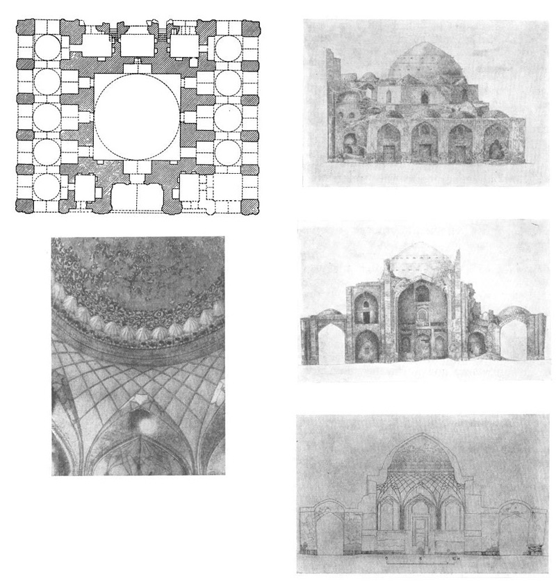 Файзабад близ Бухары. Ханака, 1598—1599 гг. План, купол, фасады, разрез