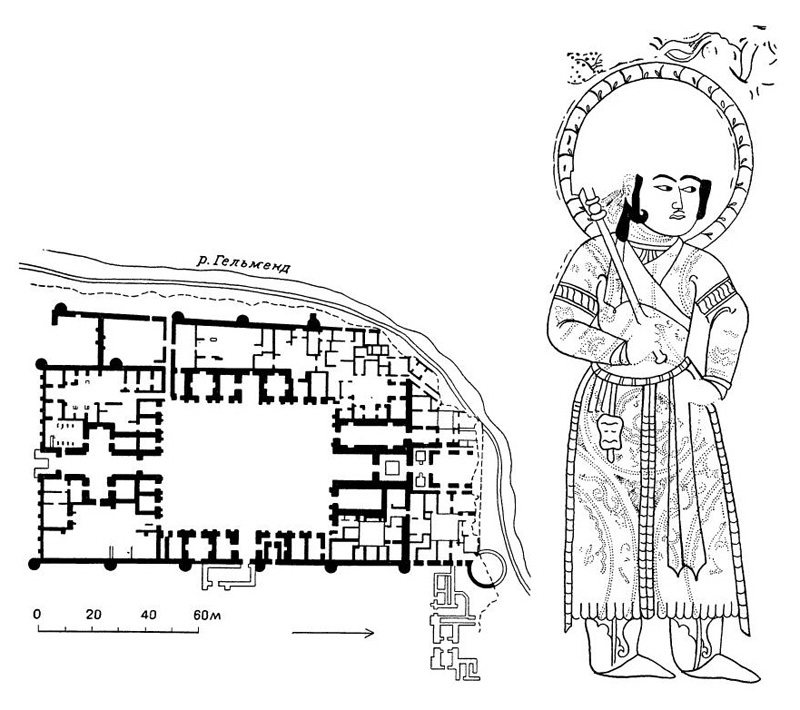 Буст. Дворец Лашкаргах, XI в. План, фрагмент настенной живописи