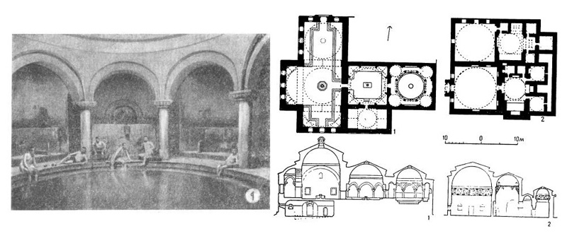 Бурса. Бани: 1 — Эски Каплыджа, 1389—1511 гг. План, интерьер, разрез; 2 — Мехкеме. План, разрез