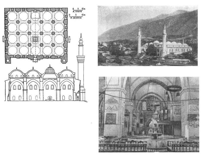 Бурса. Улу-джами, 1394—1399 гг. Общий вид, интерьер, план, разрез