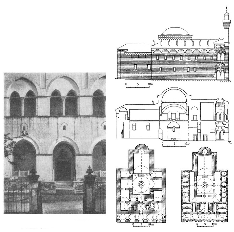 Бурса. Медресе-мечеть Мурада I, 1363 г. Фрагмент главного фасада, фасад, разрез, планы