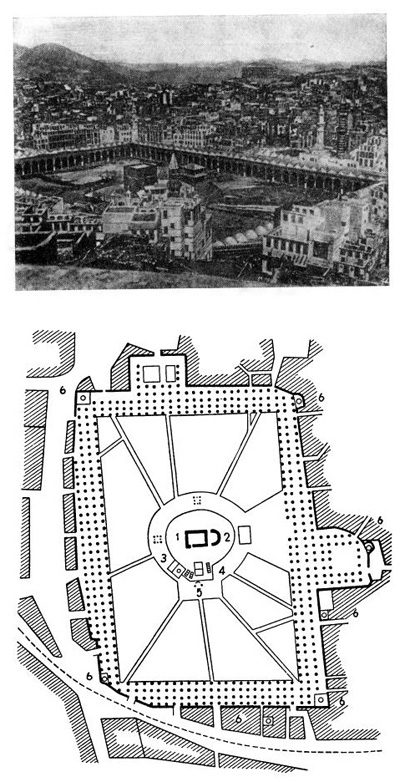 Мекка. Святилище, XVIII в. Общий вид. План: 1 — Кааба; 2 — «гробница Исмаила»; 3 — колодец Земзем; 4 — мраморный мимбар; 5 — Баб Бани-Шайба — арка на месте ворот древней Каабы; 6 — минареты