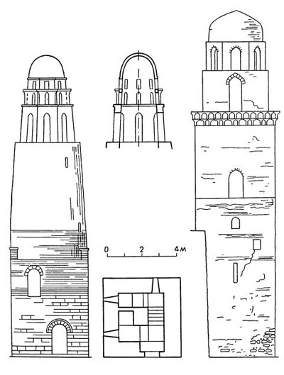 Минареты XI в. Машхад ал-Кибли близ Шеллаля, 1077—1081 гг. (фасад, разрез фонаря, план); мечеть ал-Джиюши в Каире, фасад