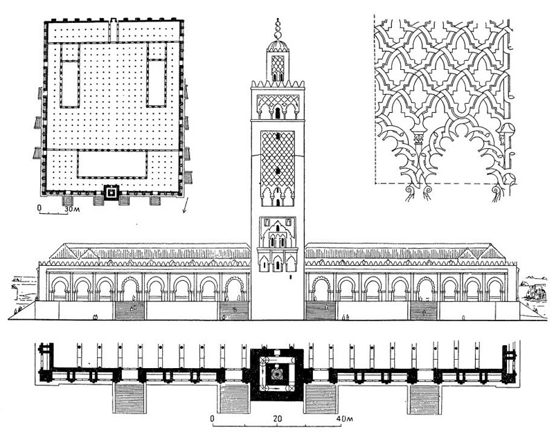 Рабат. Мечеть Хасана. Конец XII в. План, фасад, план фасадной части, деталь минарета