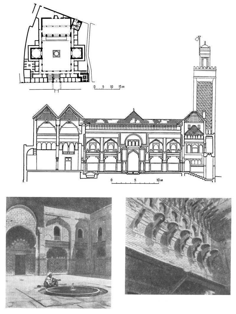 Фес. Медресе Бу Инания, XIV в. План, разрез, вид со двора, часы фасада