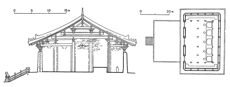 32. Датун. Монастырь Шаньхуаяньсы. Павильон Дасюнбаодянь, 1140 г. План, разрез