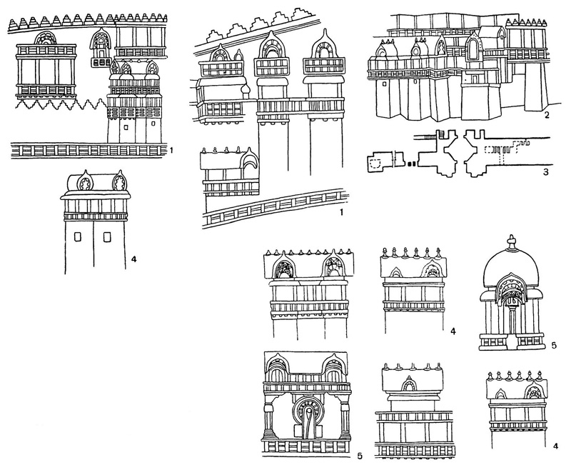 2. Изображения городских построек в рельефах ограды ступ в Бхархуте, II в. до н. э. и в Санчи, I в. н. э.