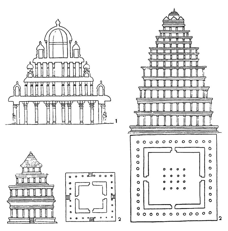 8. Многоэтажные здания: 1 — монастырское здание в Пурушапуре, VII в.; 2 — четырех- и двенадцатиэтажные здания согласно трактату «Манасара», VI —XI вв.