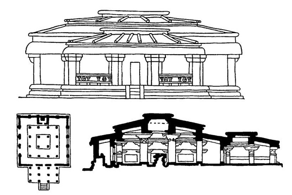 10. Айхоли, храм Ладкхана, V в. Фасад, разрез и план