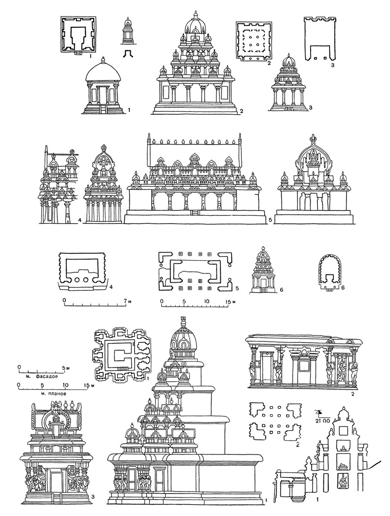 27. Мамаллапурам. Монолитные ратхи. Фасады и планы. 28. Канчипурвм. Храм Кайласанатха, VIII в.:
