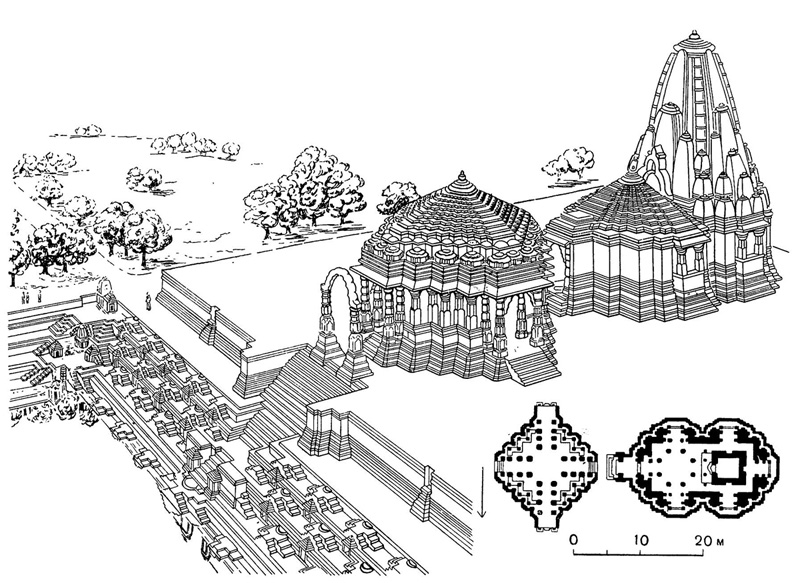 39. Модхера. Храм Шурья, XI в. Предполагаемая реконструкция и план храма