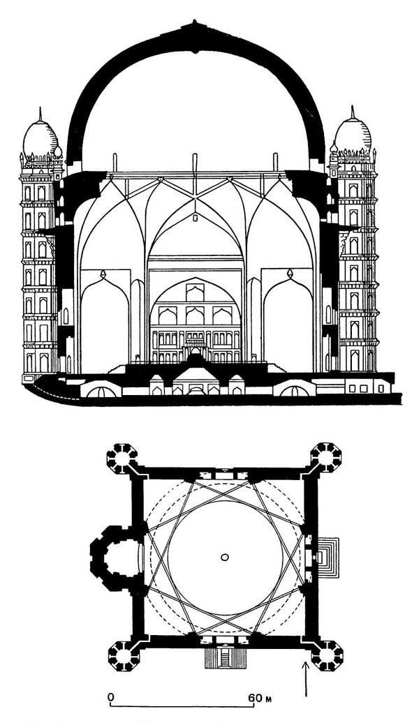 78. Биджапур. Мавзолей Адиль шаха «Гол-Гумбаз»Ф 1626—1660 гг. План и разрез