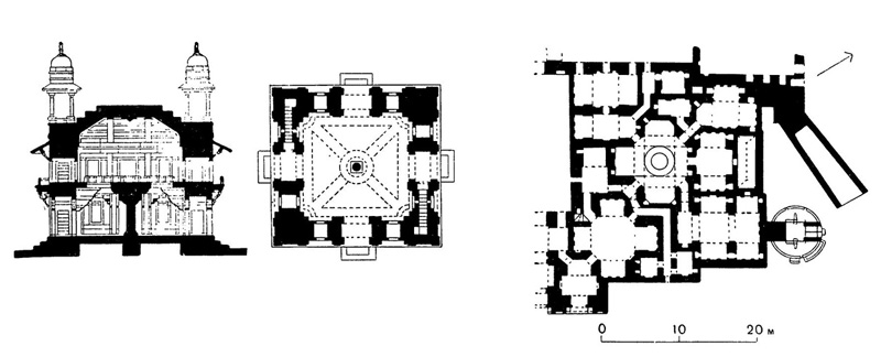 89. Фатихпур-Сикри. Дивани-Кхас, тронный зал, 1570 год. Разрез и план. 90. Фатихпур-Сикри. Бани, 1570 год. План
