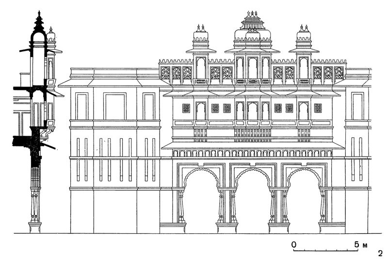 99. Удайпур. Дворцы XVI—XVIII вв.: 2 — дворец Ман Сингха, XVII в., фасад и разрез входа