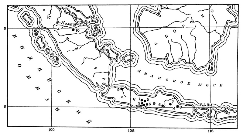 Схематическая карта Индонезии: 1 — Боробудур; 2 — чанди Мендут; 3 — чанди Каласан; 4 — Джокьякарта; 5 — Прамбанан; 6 — Панатаран; 7 — Сингасари; 8 — чанди Джабунг; 9 — Джакарта; 10 — район Муара Такус. Ступа Малигай