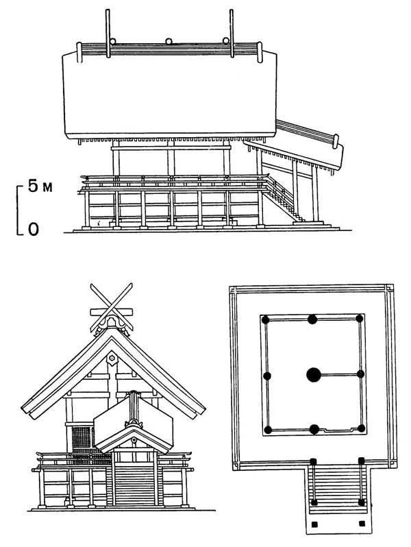 4. Идзумо. Синтоистский храм. Первоначально сооружен в 550 г., реставрирован в 1744 г. План, фасады