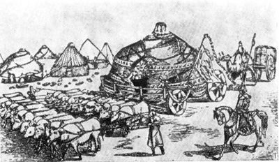 1. Юрты монголов, XIII в. 1 — юрты и «черные» телеги монголов (по Г. Юлу)