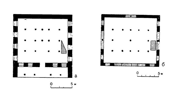 33. Улан-Батор. Дворец Цаган-сумэ, 1840 г. а — план первого этажа; 6 — план второго этажа