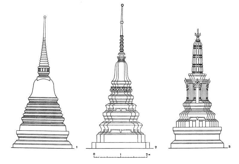 11. Схемы основных типов таиландских ступ: 1 — чеди с круглым колоколом (Ват Сакет в Бангкоке); 2 — чеди с квадратным колоколом (Ват Сакет в Бангкоке); 3 — пранг (Ват Праблачай в Бангкоке)